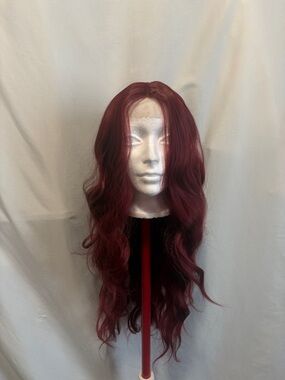 Long Wavy Burgundy Women's Wig with Center Part - Unbranded